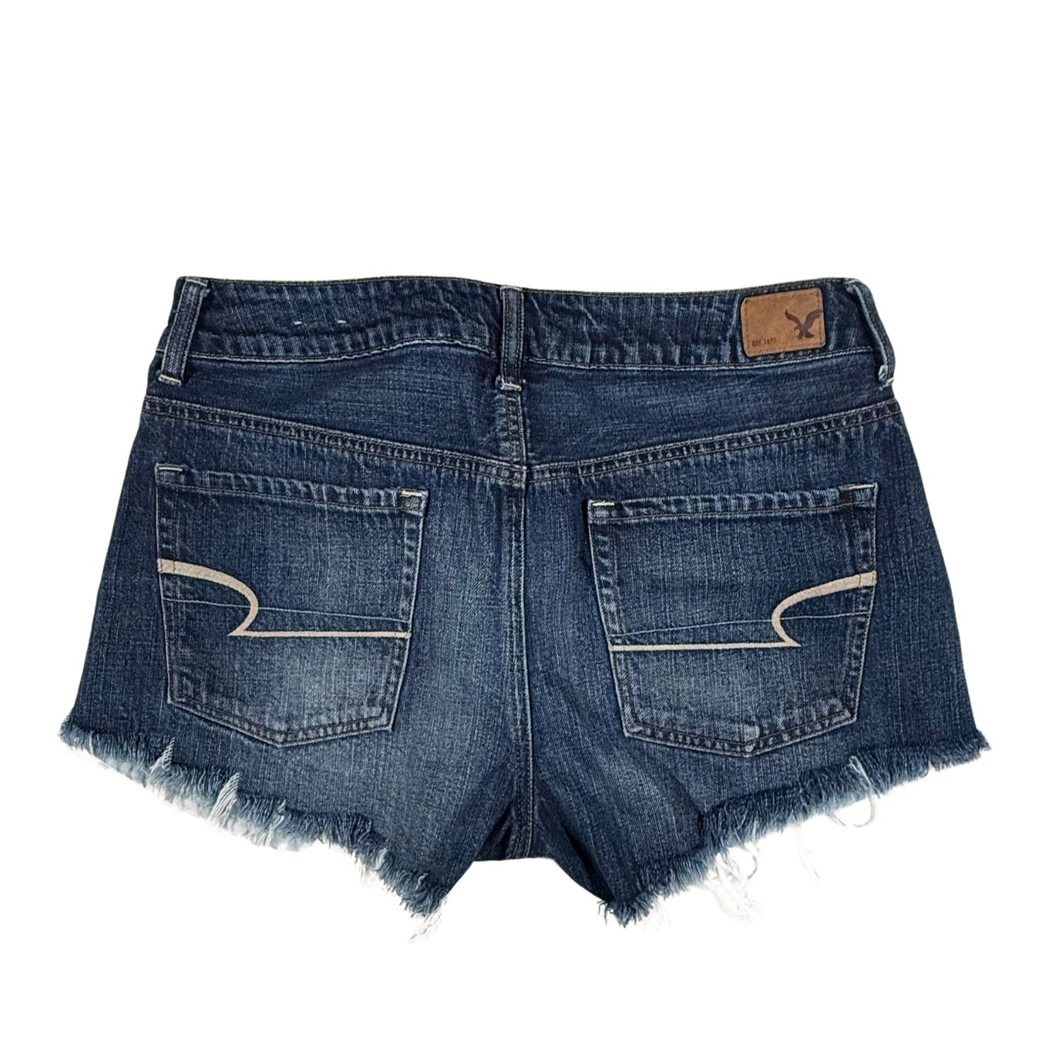 Back view of women's size 10 American Eagle Hi-Rise Festival denim shorts featuring embroidered back pockets.