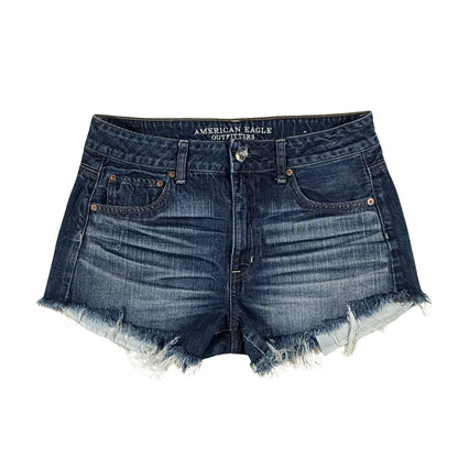 Front view of women's size 10 American Eagle Hi-Rise Festival dark wash denim shorts with a frayed hem.
