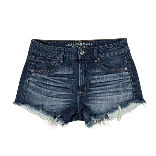 Front view of women's size 10 American Eagle Hi-Rise Festival dark wash denim shorts with a frayed hem.