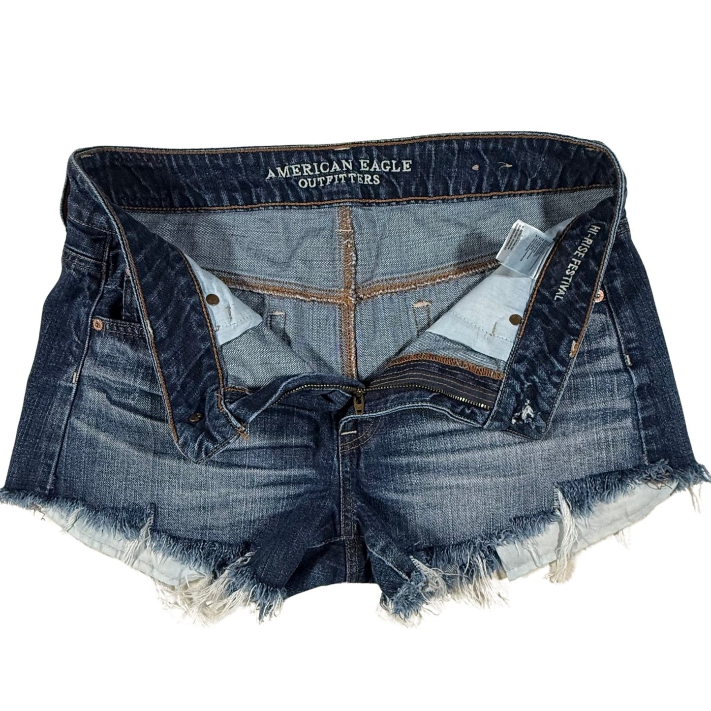 Inside waistband showing the American Eagle Outfitters Hi-Rise Festival style on women's size 10 denim shorts.