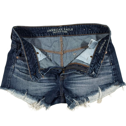 Inside waistband showing the American Eagle Outfitters Hi-Rise Festival style on women's size 10 denim shorts.