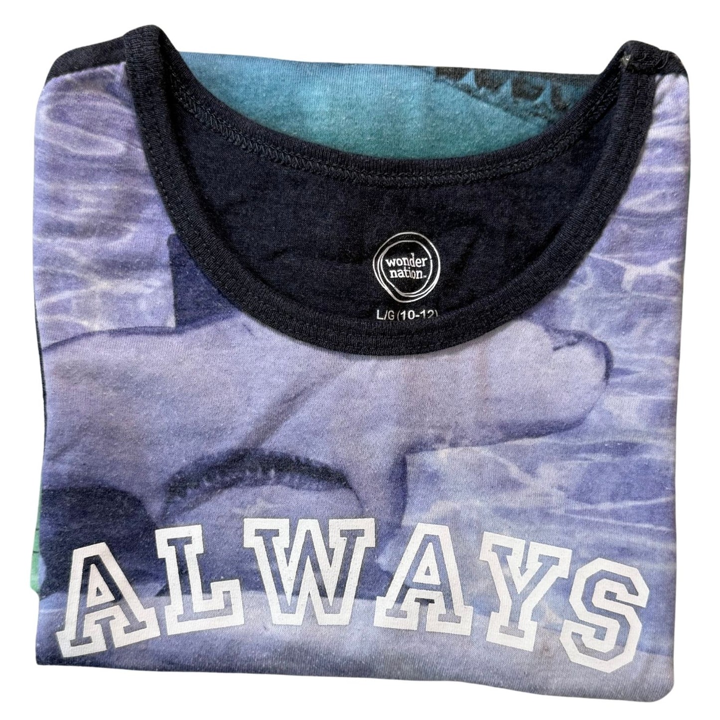 Wonder Nation boys size Large 10-12 Always Hungry shark graphic tank top folded view