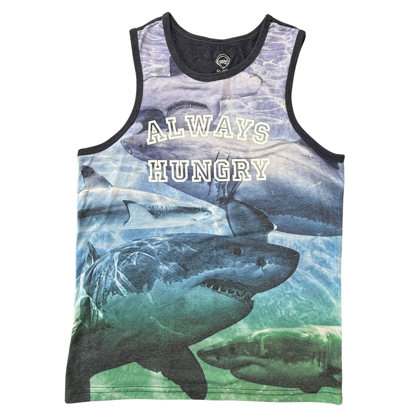 Front view of Wonder Nation boys Large 10-12 Always Hungry shark graphic tank top