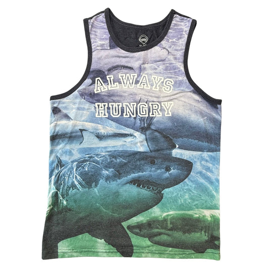 Front view of Wonder Nation boys Large 10-12 Always Hungry shark graphic tank top
