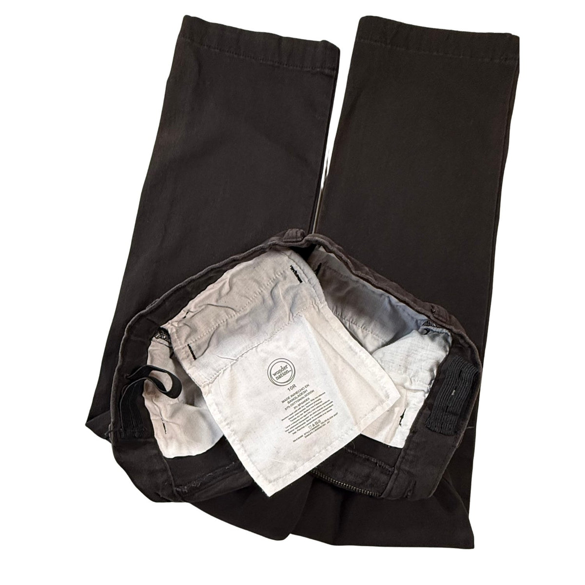 Inside view of Wonder Nation boys black uniform pants size 10R with adjustable waistband