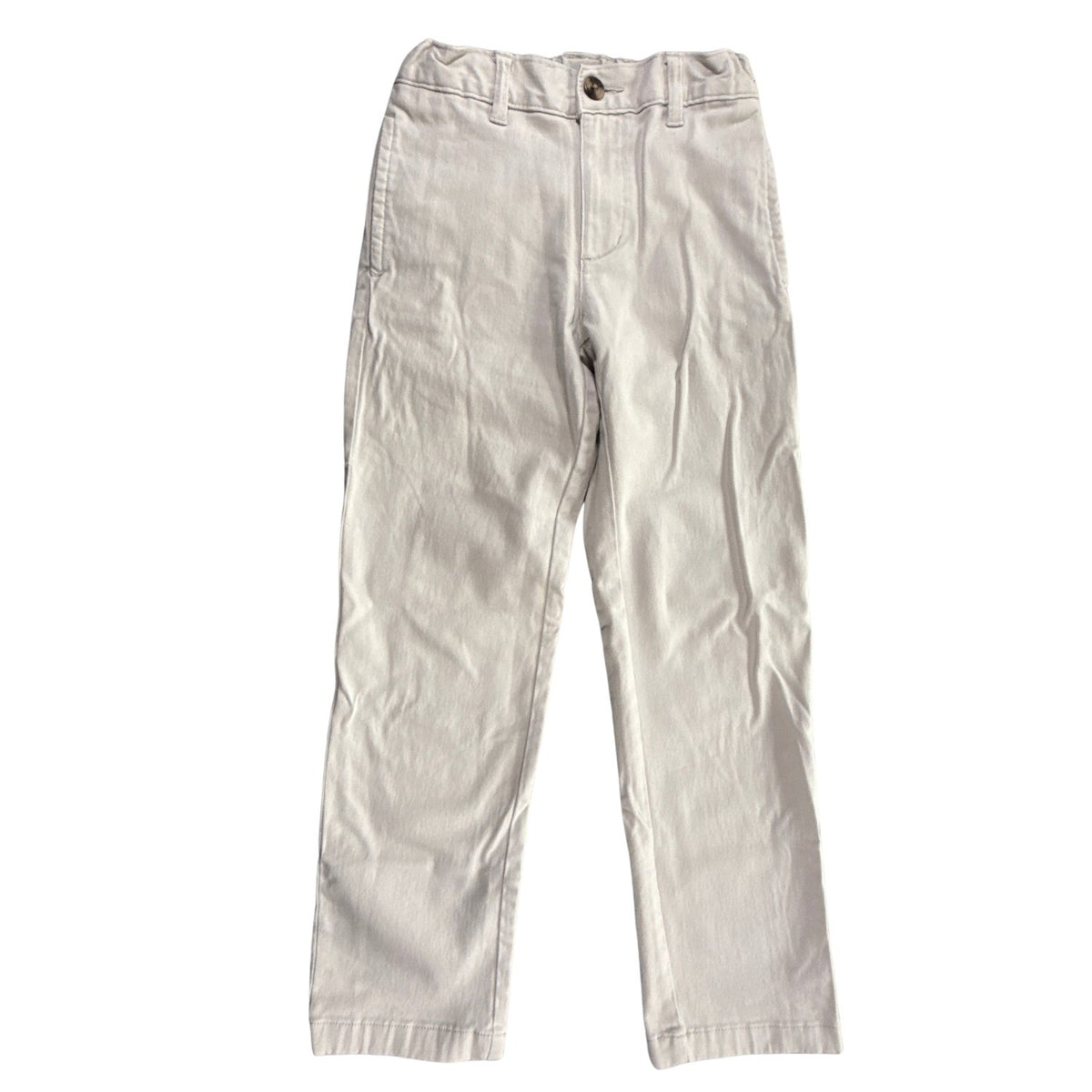 Front view of Wonder Nation boys’ size 10R tan chino pants with button closure and straight legs.