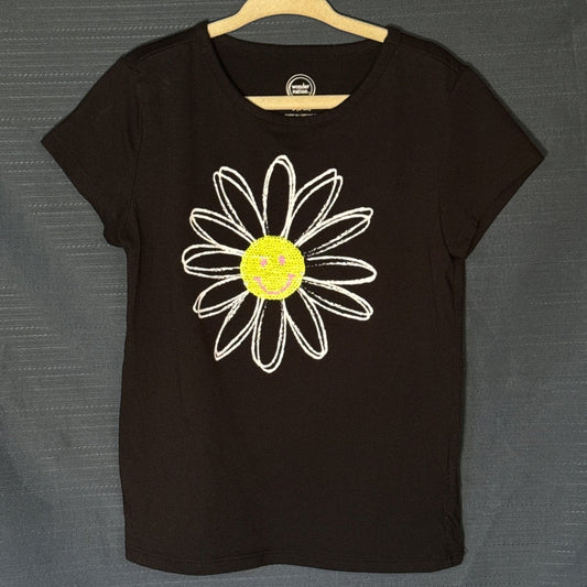 Wonder Nation girls black T-shirt with large white daisy graphic and yellow sequin smiley face center, size 6–6X.