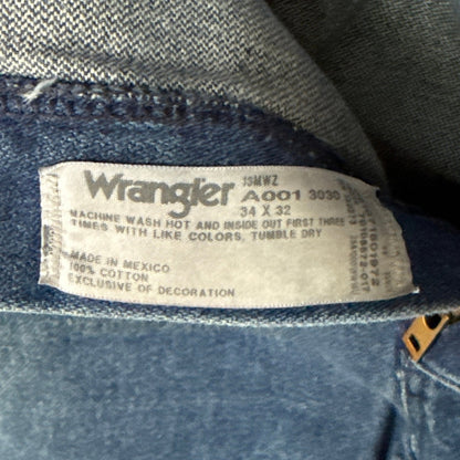 Wrangler 13MWZ men’s jeans label showing size 34×32, 100 percent cotton, and Made in Mexico