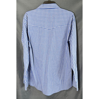 Back of Wrangler men's blue and white plaid long sleeve Western shirt with pointed collar and curved shirttail hem.