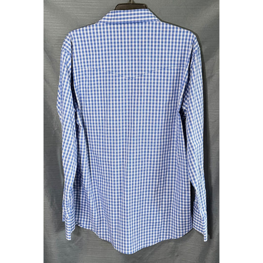 Back of Wrangler men's blue and white plaid long sleeve Western shirt with pointed collar and curved shirttail hem.