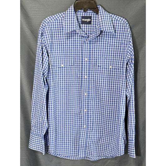 Front of Wrangler men's blue and white plaid long sleeve Western shirt featuring pearl-look snap closures, pointed collar and two snap-flap chest pockets.
