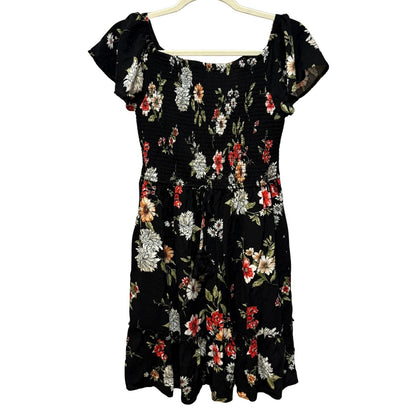 Xhilaration juniors medium black floral smocked dress with flutter sleeves and tiered ruffle hem.