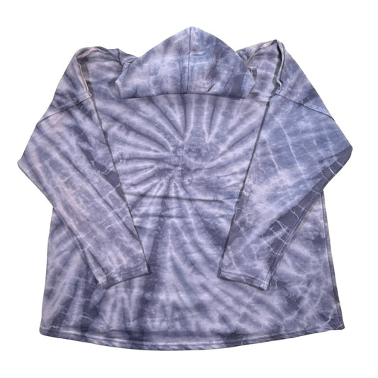 Back of Yak & Yeti L/XL blue tie-dye hooded sweatshirt made in Nepal