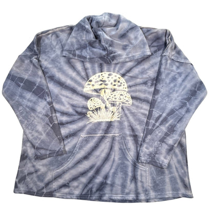 Front of Yak & Yeti L/XL blue tie-dye pullover hoodie with mushroom graphic and kangaroo pocket