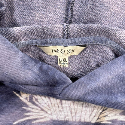 Yak & Yeti L/XL Made in Nepal label inside blue tie-dye mushroom hoodie