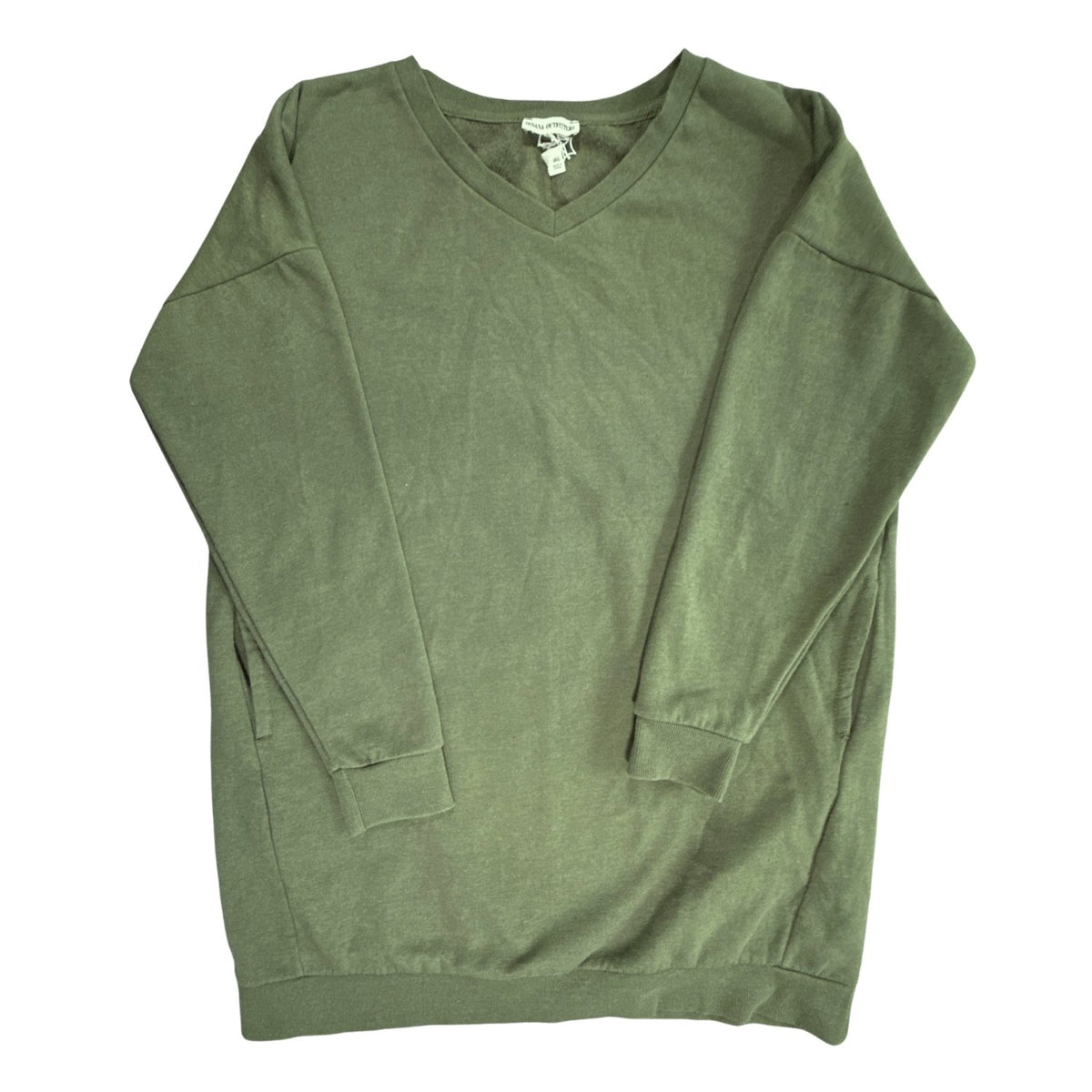 Front of Zenana Outfitters olive green V-neck pocket tunic sweatshirt in women’s M/L