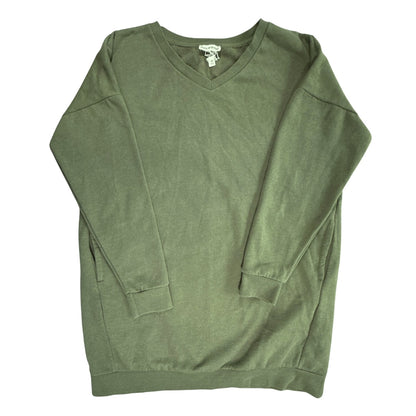 Front of Zenana Outfitters olive green V-neck pocket tunic sweatshirt in women’s M/L