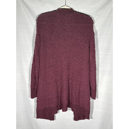 Back view of Zenana Premium plum cardigan showing the textured knit and ribbed hem.