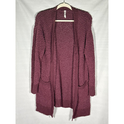 Front view of Zenana Premium women’s medium plum textured open-front cardigan with two pockets.
