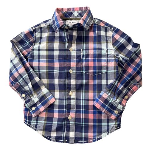 Pre-owned Carter's Blue and Pink Plaid Dress Shirt Toddler Boy 2T Blue, pink, and white plaid, Long Sleeve, Button-up, Button cuffs, Collar, Front pocket, 100% Cotton, in excellent used condition. - Our Families Attic