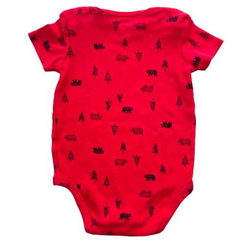 Carter's Red Cabin Winter Onesie (Est. Retail Price $14.00) Size: 18 mths Color: Red with black bears and pine trees. Cute for winter and Christmas. Features: Short Sleeve Reinforced snaps Material: 100% Cotton Condition: Gently Used back - Our Families Attic