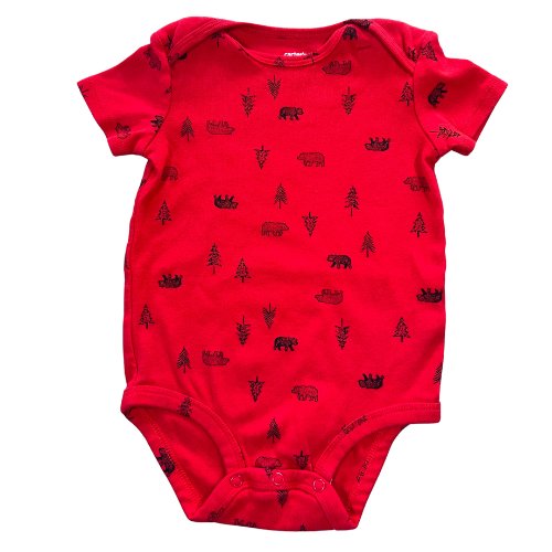 Carter's Red Cabin Winter Onesie (Est. Retail Price $14.00) Size: 18 mths Color: Red with black bears and pine trees. Cute for winter and Christmas. Features: Short Sleeve Reinforced snaps Material: 100% Cotton Condition: Gently Used front- Our Families Attic