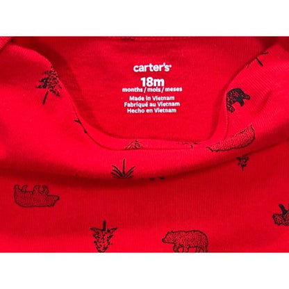 Carter's Red Cabin Winter Onesie  (Est. Retail Price $14.00) Size: 18 mths  Color: Red with black bears and pine trees. Cute for winter and Christmas.  Features:   Short Sleeve  Reinforced snaps Material: 100% Cotton  Condition:  Gently Used tag - Our Families Attic