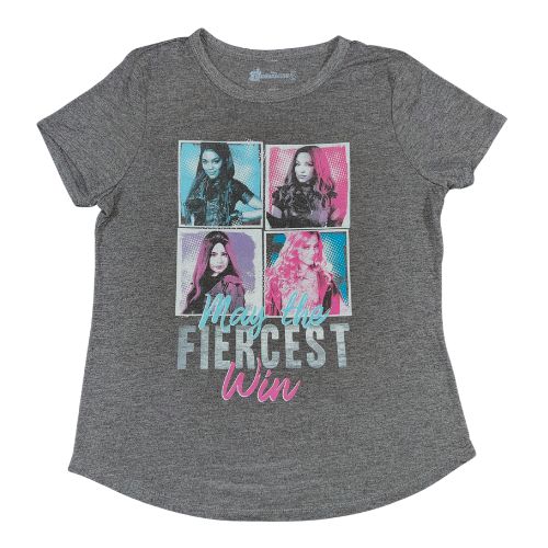 Disney Descendants 3 Hark Heather Gray Graphic Tee  (Est. Orig. Retail Price $9.00) Size: Girl XL  Color: Dark heather gray  Print: Descendants characters and "May the Fiercest Win"  Features: Short sleeve  Material: 65% Polyester, 35% Rayon  Condition:  Well-Loved, Pilling and slight fading used front - Our Families Attic