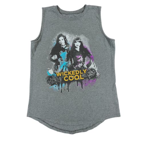 Disney Descendants Sleeveless T-Shirt  (Est. Orig. Retail Price $9.00) Size: Big Girl Large  Color: Dark gray  Print: Descendants characters  Features: Sleeveless, tank top  Material: 60% Cotton, 40% Polyester  Condition:  Gently Used, minor pilling around arm opening, front - Our Families Attic