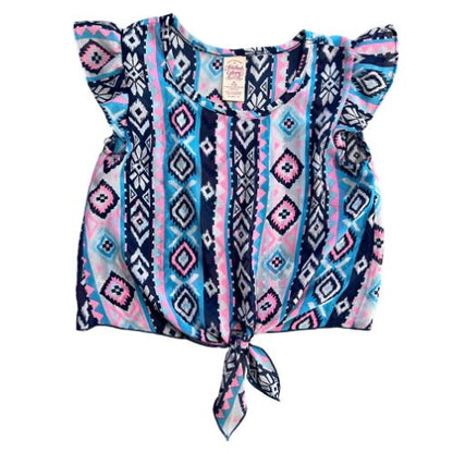 Faded Glory Sheer Top with Front Tie  (Est. Retail Price $8.00) Size: Big Girl Size Medium 7-8  Color: Multi-Colored; pink, blue, white  Print: Southwest design  Features: Ruffled cap sleeves, front tie, sheer material (wear a tank or cami underneath)  Material: 100% Polyester  Condition:  Gently Used front - Our Families Attic
