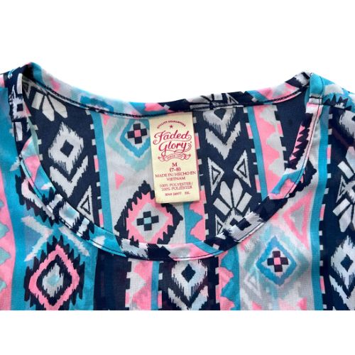 Faded Glory Sheer Top with Front Tie (Est. Retail Price $8.00) Size: Big Girl Size Medium 7-8 Color: Multi-Colored; pink, blue, white Print: Southwest design Features: Ruffled cap sleeves, front tie, sheer material (wear a tank or cami underneath) Material: 100% Polyester Condition: Gently Used tag - Our Families Attic