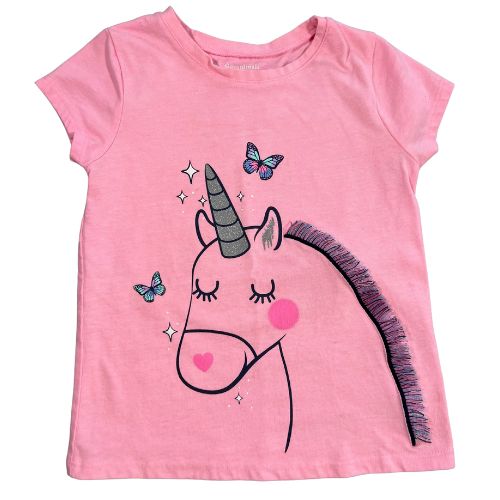 Garanimals Pink Unicorn T-Shirt  Size: Toddler Girls 5T  Color: Pink Features:   Unicorn design Fringe as the mane Butterflies Glitter on horn and butterflies Crew neck Short (cap) Sleeve Material:  60% Cotton, 40% Polyester  Condition: Well-Loved, used - Our Families Attic