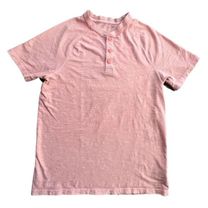 Goodfellow 3 Button Short Sleeve Pink T-Shirt  (Est. Retail Price $15.00) Size: Young Men's Medium  Color: Pinkish Peach  Features:  Short sleeve 3-Buttons  Material: 100% Cotton  Condition:  Well-Loved used front - Our Families Attic