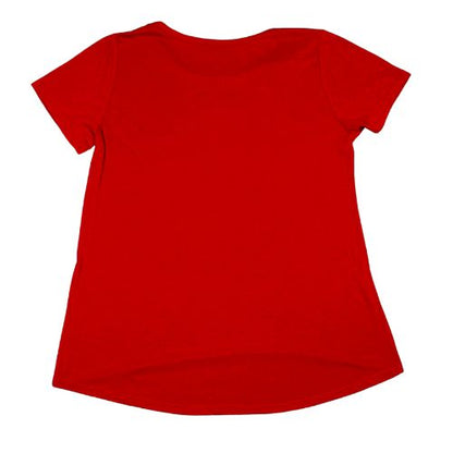 Harry Potter Platform 9 3/4 Red with Gold Graphic Tee  (Est. Orig. Retail Price $15.00) Size: Big Girl Size XL - 16  Color: Deep Red  Print: Gold Graphic with train circling the words "Platform 9 3/4"  Features: Short sleeve  Material: 66% Polyester, 34% Rayon  Condition:  Well-Loved, signs of wear and pilling (use a fabric shaver to easily remove), back - Our Families Attic