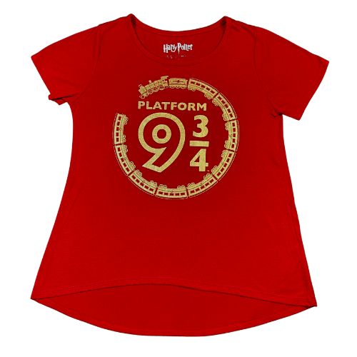 Harry Potter Platform 9 3/4 Red with Gold Graphic Tee  (Est. Orig. Retail Price $15.00) Size: Big Girl Size XL - 16  Color: Deep Red  Print: Gold Graphic with train circling the words "Platform 9 3/4"  Features: Short sleeve  Material: 66% Polyester, 34% Rayon  Condition:  Well-Loved, signs of wear and pilling (use a fabric shaver to easily remove), front - Our Families Attic
