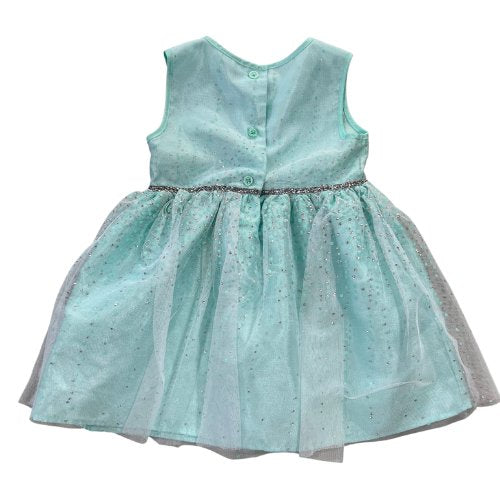 Pre-owned Healthtex Aqua Sleeveless Sparkly Tulle Dress $10.00 (Est. Retail Price $24.49) Size: Baby Girl 18 mths Color: Aqua / turquoise with silver sparkles Features: Sleeveless Satin Shell Tulle with sparkles over the shell A-Line Silver sparkle waistband Material: Shell: 100% Polyester Lining: 100% Polyester Condition: Excellent Used Measurements: Chest: 20.5" Hem: 38.5" Length: 17" - Our Families Attic