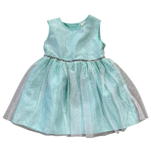 Pre-owned Healthtex Aqua Sleeveless Sparkly Tulle Dress $10.00 (Est. Retail Price $24.49) Size: Baby Girl 18 mths Color: Aqua / turquoise with silver sparkles Features: Sleeveless Satin Shell Tulle with sparkles over the shell A-Line Silver sparkle waistband Material: Shell: 100% Polyester Lining: 100% Polyester Condition: Excellent Used Measurements: Chest: 20.5" Hem: 38.5" Length: 17" - Our Families Attic