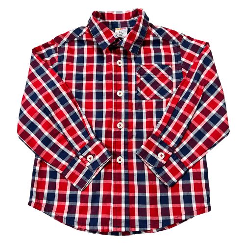 Pre-Owned Healthtex Red and Blue Checkered Long Sleeve Dress Shirt $6.00 ( Est. Retail Price $18.98 ) Size: Toddler 24 Months Color: Blue, red, and white Checkered Features: Long Sleeve Button-up Button cuffs Collar Front pocket Material: 60% Cotton, 40% Polyester Condition: Excellent used Measurements: Chest: 25" Waist: 25.5" Neck: 12" Sleeve: 12.25" Length: 15" Bottom Hem: 25" - Our Families Attic