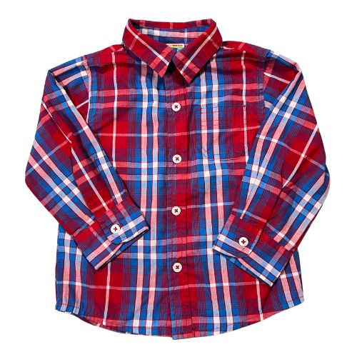 Pre-Owned Healthtex Red and Blue Plaid Long Sleeve Dress Shirt $6.00 ( Est. Retail Price $18.98 ) Size: Toddler 24 Months Color: Blue, red, and white Plaid Features: Long Sleeve Button-up Button cuffs Collar Front pocket Material: 60% Cotton, 40% Polyester Condition: Excellent used Measurements: Chest: 24" Waist: 24" Neck: 12" Sleeve: 12" Length: 15" Bottom Hem: 24" - Our Families Attic