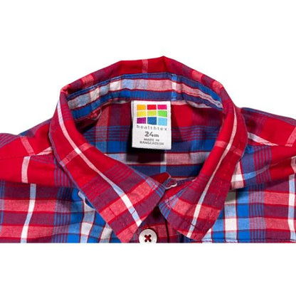 Pre-Owned Healthtex Red and Blue Plaid Long Sleeve Dress Shirt $6.00 ( Est. Retail Price $18.98 ) Size: Toddler 24 Months Color: Blue, red, and white Plaid Features: Long Sleeve Button-up Button cuffs Collar Front pocket Material: 60% Cotton, 40% Polyester Condition: Excellent used Measurements: Chest: 24" Waist: 24" Neck: 12" Sleeve: 12" Length: 15" Bottom Hem: 24" - Our Families Attic