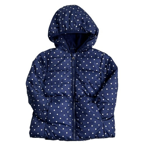 Healthtex Blue with White Polka Dots Puff Coat Brand: Healthtex Size: Toddler Girl 4T Color: Dark Blue with White Polka Dots Features: Zipper Closure Hood Front Pockets Warm Fleece Liner Elastic around face Warm Material: 100% Polyester (shell, filler, and liner) Condition: Gently used condition. Some minor scuff marks but very few. There is a name written on the tag. Otherwise in great used condition. - Our Families Attic