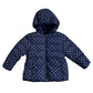 Healthtex Blue with White Polka Dots Puff Coat Brand: Healthtex  Size: Toddler Girl 4T   Color: Dark Blue with White Polka Dots Features:  Zipper Closure Hood Front Pockets Warm Fleece Liner Elastic around face Warm Material: 100% Polyester (shell, filler, and liner) Condition:     Gently used condition. Some minor scuff marks but very few. There is a name written on the tag. Otherwise in great used condition. - Our Families Attic