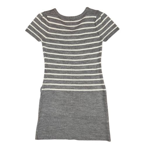 Just A Girl Gray and White Striped Sweater Dress  (Est. Orig. Retail Price $36.00) Size: Big Girl Size 16  Color: Gray with white stripes  Features: V-Neck, short sleeves, 2 front pockets, decorative buttons  Material: 100% Acrylic   Condition:  Gently Used back - Our Families Attic