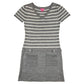 Just A Girl Gray and White Striped Sweater Dress  (Est. Orig. Retail Price $36.00) Size: Big Girl Size 16  Color: Gray with white stripes  Features: V-Neck, short sleeves, 2 front pockets, decorative buttons  Material: 100% Acrylic   Condition:  Gently Used Front - Our Families Attic