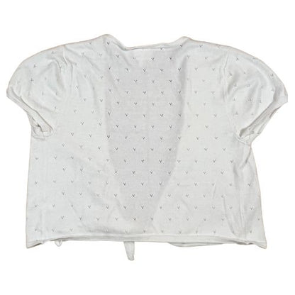 Justice White Tie-Front Cardigan (Est. Orig. Retail Price $40.00) Size: Big Girl Size 16-18 Color: White Print: Cute knit punch-outs Features: Tie-Front, shrug/cardigan, cap sleeves Material: 60% Cotton, 40% Acrylic Condition: Gently Used, back - Our Families Attic