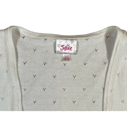 Justice White Tie-Front Cardigan (Est. Orig. Retail Price $40.00) Size: Big Girl Size 16-18 Color: White Print: Cute knit punch-outs Features: Tie-Front, shrug/cardigan, cap sleeves Material: 60% Cotton, 40% Acrylic Condition: Gently Used, tag - Our Families Attic