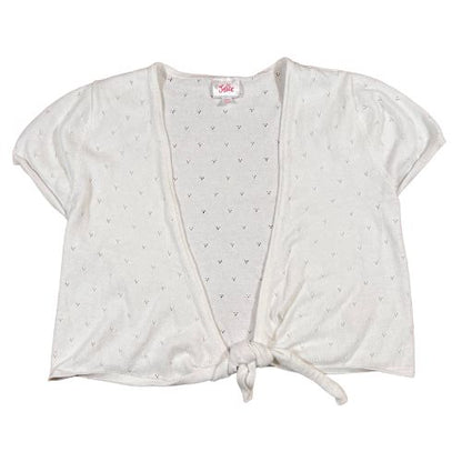 Justice White Tie-Front Cardigan  (Est. Orig. Retail Price $40.00) Size: Big Girl Size 16-18  Color: White  Print: Cute knit punch-outs  Features: Tie-Front, shrug/cardigan, cap sleeves  Material: 60% Cotton, 40% Acrylic   Condition:  Gently Used, front - Our Families Attic