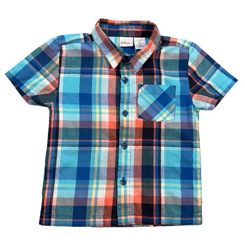 Pre-Owned Kidgets Blue and Orange Plaid Short Sleeve Dress Shirt $5.00 ( Est. Retail Price $12.00 ) Size; Toddler 3T Color: Blue and orange plaid Features: Short Sleeve Button-up Collar Front pocket Material: 60% Cotton, 40% Polyester Condition: Excellent used Measurements: Chest: 25.5" Waist: 25.5" Neck: 11.5" Sleeve: 5" Length: 16.25" Bottom Hem: 25.5" - Our Families Attic