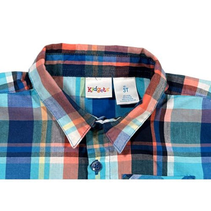 Pre-Owned Kidgets Blue and Orange Plaid Short Sleeve Dress Shirt $5.00 ( Est. Retail Price $12.00 ) Size; Toddler 3T Color: Blue and orange plaid Features: Short Sleeve Button-up Collar Front pocket Material: 60% Cotton, 40% Polyester Condition: Excellent used Measurements: Chest: 25.5" Waist: 25.5" Neck: 11.5" Sleeve: 5" Length: 16.25" Bottom Hem: 25.5" - Our Families Attic