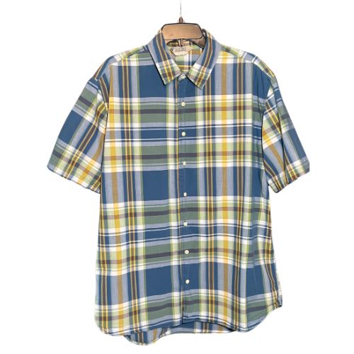 Old Navy Short Sleeve Button-Up Plaid Shirt  (Est. Orig. Retail Price $25.00) Size: Men's XL  Color: Blue, yellow, and white plaid  Features: Collar, button-up, short sleeve  Material: 100% Cotton   Condition: Gently Used front - Our Families Attic